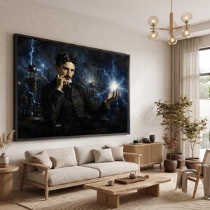 Cuadro de Nikola Tesla en lienzo, ilustración de energía eléctrica, decoración para el hogar de inventores, lienzo de historia de la ciencia, lámina de arte tecnológico