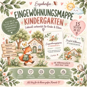 Könnte beinhalten: Ein Set mit Eingewöhnungsunterlagen für den Kindergarten, illustriert mit einem Fuchs, einem kleinen Schulhaus und Blumen. Der Text umfasst EINGEWÖHNUNGSAPPE KINDERGARTEN, 15 SEITEN IM SET und weitere deutsche Begriffe. Design in sanftem Grün, Rosa und Braun.