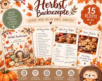 Könnte beinhalten: Ein Set mit herbstlichen Backrezepten, illustriert mit einem Fuchs, Hasen und Igel. Das Set enthält 15 Rezepte, ein Inhaltsverzeichnis sowie Anleitungen für Apfel-Zimt-Muffins und blattförmige Plätzchen, umrahmt von herbstlichen Blättermotiven.