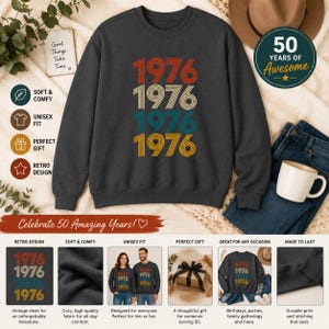 1976 50th Birthday Sweatshirt, Retro Number Design