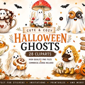 Op de afbeelding: Een verzameling digitale Halloween-illustraties met geesten, pompoenen en herfstmotieven. De tekst luidt CUTE & COZY HALLOWEEN GHOSTS 28 CLIPARTS HIGH QUALITY PNG FILES COMMERCIAL LICENSE INCLUDED. Bevat diverse geestfiguren.