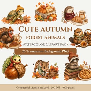 Cozy Autumn Animals Clipart PNG, 20 Cute Fall Woodland Animal Graphics, Aesthetic Pumpkin Spice Watercolor, Commercial Use