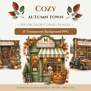 Cozy Autumn Town Clipart PNG, 35 Fall Storefront Graphics, Aesthetic Coffee Shop Watercolor, Small Business Facade Scrapbook Elements