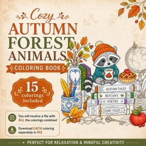 Op de afbeelding: Een kleurboekcover getiteld Cozy Autumn Forest Animals met een wasbeer in een oranje gebreide muts die een mok vasthoudt, zittend op een stapel boeken genaamd Autumn Tales, Botany, Poetry en Fairy Tales, met een wereldbol en een appel.