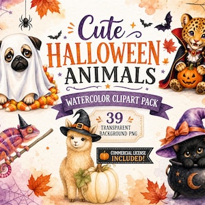 Op de afbeelding: Een digitale aquarel clipart collectie getiteld Cute Halloween Animals met een mopshond in een spookkostuum, een luipaardvampier, een kameleon op een bezem, een lama met een heksenhoed en pompoen, en een zwarte kat in een ketel met herfstbladeren.