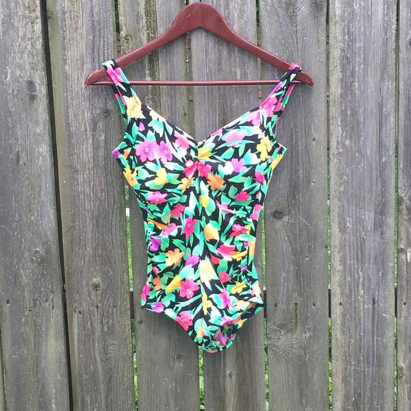 Vintage 80's gabar Made in USA Colorful Tropical Style Pattern One Piece Swimsuit Size 8