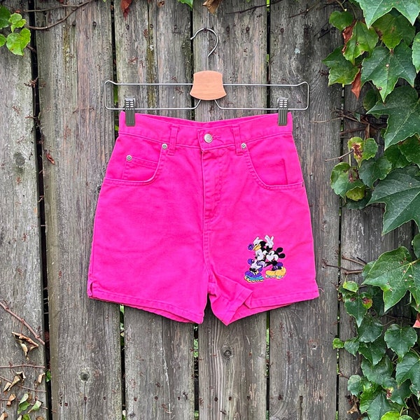 Vintage 90's Mickey & Co Minnie and Mickie Rollerblading Embroidery Pink Denim Jean Shorts Youth Size 8 or Women's 00