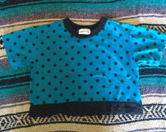 Vintage 80's EnChante Kids Blue and Black Polka Dot Crop Top