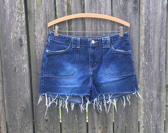 Vintage 90's So... Dark Wash Mid Rise Cut Off Denim Jean Shorts with No Back Pockets Size 9