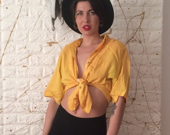 Vintage 80&#39;s Basic Essentials Short Sleeve Yellow Button Up Tie Top with Shoulder Pads Size Large
