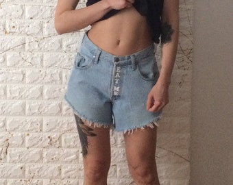 Vintage 90's Brittania Cut Off Eat Me Iron On Letters High Waist Light Wash Denim Jean Shorts Size 4