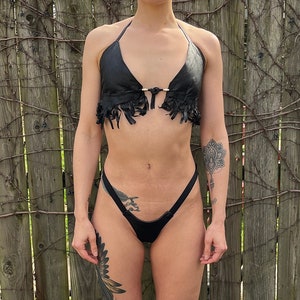 Vintage 80&#39;s/90&#39;s Unbranded Black Leather Two Piece Bikini with Fringe Size Small/Medium