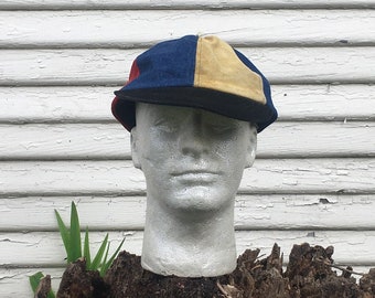 Cappello da camionista vintage anni '90 in pelle scamosciata e denim multicolore, senza marchio, taglia media