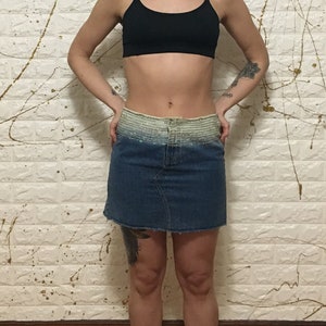 Vintage jaren 90 Express Medium Wash pailletten en kraaltjes hoge taille No Pocket Denim Jean rok (gratis verzending)