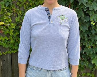 Vintage 90's Toy Story Buzz Lightyear Henley Style Button Up 3/4 Sleeve Gray Thermal Shirt Size XS