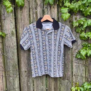 Vintage 90&#39;s Basic Image Patterned Stripes Button Up Collared Short Sleeve Half Top Women&#39;s Size Small