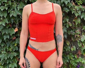 Vintage 90's Hooters Textured Orange Bikini with Tankini Top 3 Piece Swimsuit Size Small
