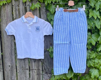 Vintage 80's Blue and White Two Piece Tennis Outfit Polo Top and Striped Pants Kid's Size 6