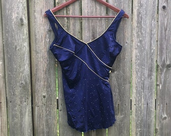 Vintage 80's unbranded Dark Blue Dotted Pattern Skirted One Piece Swimsuit Size Medium