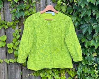 Chaqueta estilo blazer con botones y mangas 3/4, diseño texturizado, color verde Joni B, años 90, talla pequeña