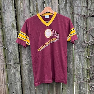 Vintage 70&#39;s Road Warriors Beaver 69 Baseball Style Ringer V-Neck Short Sleeve T-Shirt Size Small