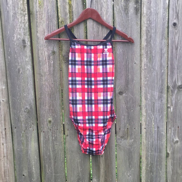 Vintage 90's TYR Durafast Red and Blue Plaid Pattern One Piece Racerback Swimsuit Size Small