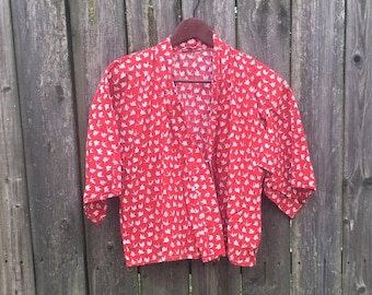 Vintage 80's Unbranded Red and White Paper Crane Origami Kimono Blouse Top Size Small