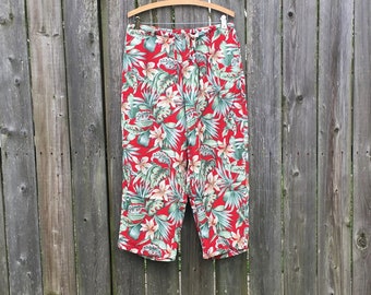 Vintage 90's Island Traders Paradise Tropical Print Red High Elastic Waist Capri Pants Size Large