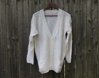 Vintage 90's American Weekend Knit White Button Up Long Sleeve Cardigan Sweater Size Small