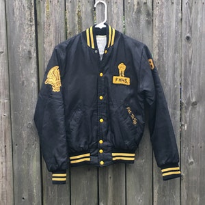 Giacca vintage in nylon con bottoni neri stile Letterman, Franklin Heights High School, Falcon Wrestling, Pat McVey, 1986, taglia S/M