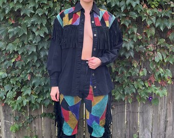 Vintage I.O.U. Two Piece Leather and Denim Fringe Pants and Shirt Western Style Set Size 0/Small