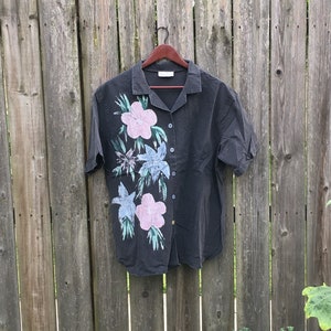 Camisa vintage con cuello abotonado y estampado floral Lucky Winner de los años 70, fabricada en EE. UU., talla grande
