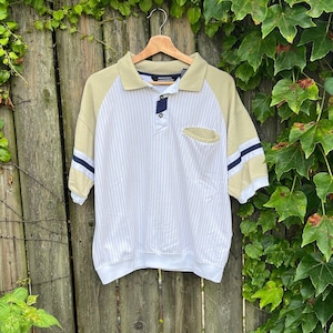 Vintage 90&#39;s Knights Bridge White and Beige Short Sleeve Polo Shirt Size Large