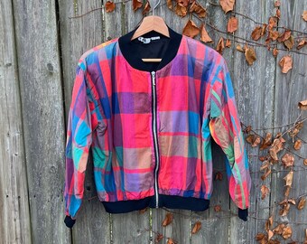 Vintage 80's Cotton Castle Multi Colored Plaid Pattern Zip Up Lightweight Jacket Size Small