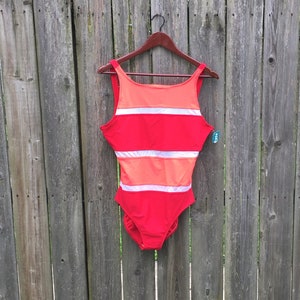 Vintage 90&#39;s Baltex Red and Pink with White Sheer Inlays Deadstock One Piece Swimsuit Size Medium