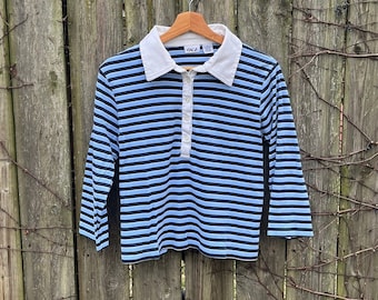 Vintage 90's OC1 Blue and White Striped Long Sleeve Collared Crop Top Polo Shirt Size Medium