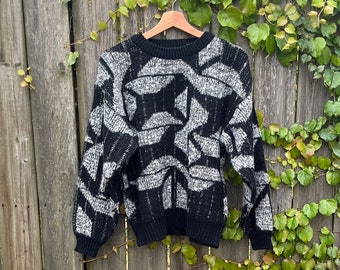 Vintage 80's Saturdays Black and Gray Geometric Pattern 100% Acrylic Knit Sweater Size Medium