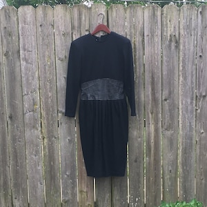 vintage 80s Et Al by Ronnie Rosado Wool Knit Dress with Black Leather Waistband Long Sleeve Pleated Bottom Dress Size 6
