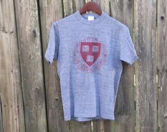 Vintage 1980's Harvard University Crest Print Short Sleeve Tri-Blend Super Soft Thin T-Shirt Size XS/S