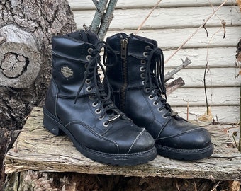 Vintage Harley Davidson Black Leather Lace up Chunky Lug Soles Logo Moto Boots Mens Size 7.5 Ladies Size 8.5 9 Etsy