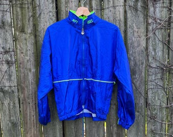Vintage 80's/90's asics Blue and Green 100% Nylon Windbreaker Jacket Size Small