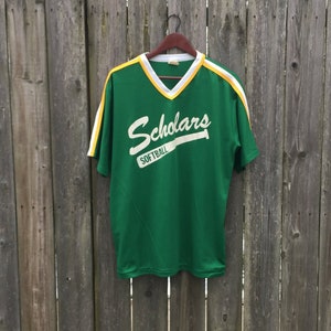 Vintage 70&#39;s/80&#39;s Scholars Softball 100% Polyester Green and Yellow V-Neck Athletic Shirt Size XL