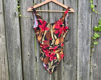 Vintage 90's Beach Cabana Red and Brown Tropical Style Pattern One Piece Swimsuit Size Medium