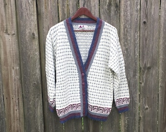 Vintage 80's AJ Brandon Multi Colored Patterned Knit Cardigan Sweater Size Medium