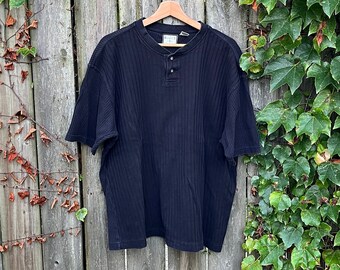 Vintage 90's Bugle Boy Black Ribbed Short Sleeve Henley Shirt Size XL