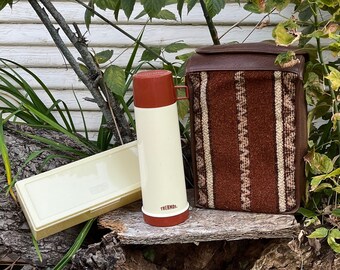 Vintage 70's Thermos Picnic Brown Tweed Patterned Lunch Tote Set with Thermos and Lunch Box