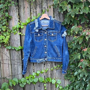 Vintage 90er Express Blues Dark Wash Distressed Denim Jeansjacke Damen Größe Medium