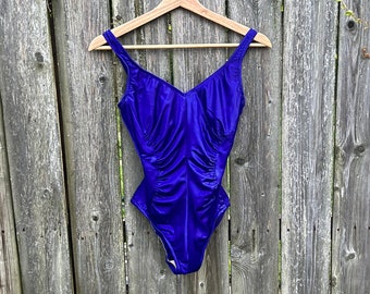 Vintage 80's Maxine of Hollywood Made in USA Blue Nylon/Spandex Blend One Piece Swimsuit Size Small