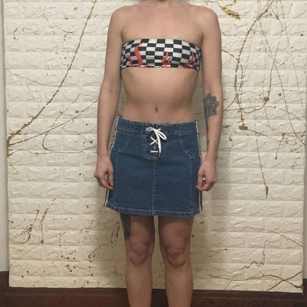 Vintage 90's Tommy Hilfiger New Old Stock Striped Side Lace Up Fly Denim Jean Skirt (free shipping)