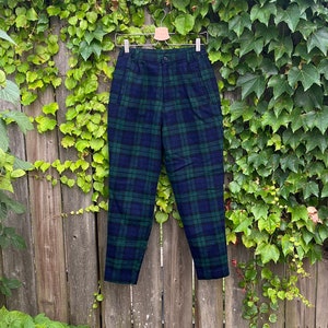 Vintage 90&#39;s Simple Life Green and Blue Plaid Pattern High Waist Tapered Leg Pants Size 0